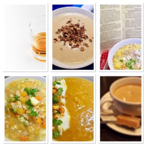 A collage showing four soups, a glass of whisky and a piece of Scottish tablet